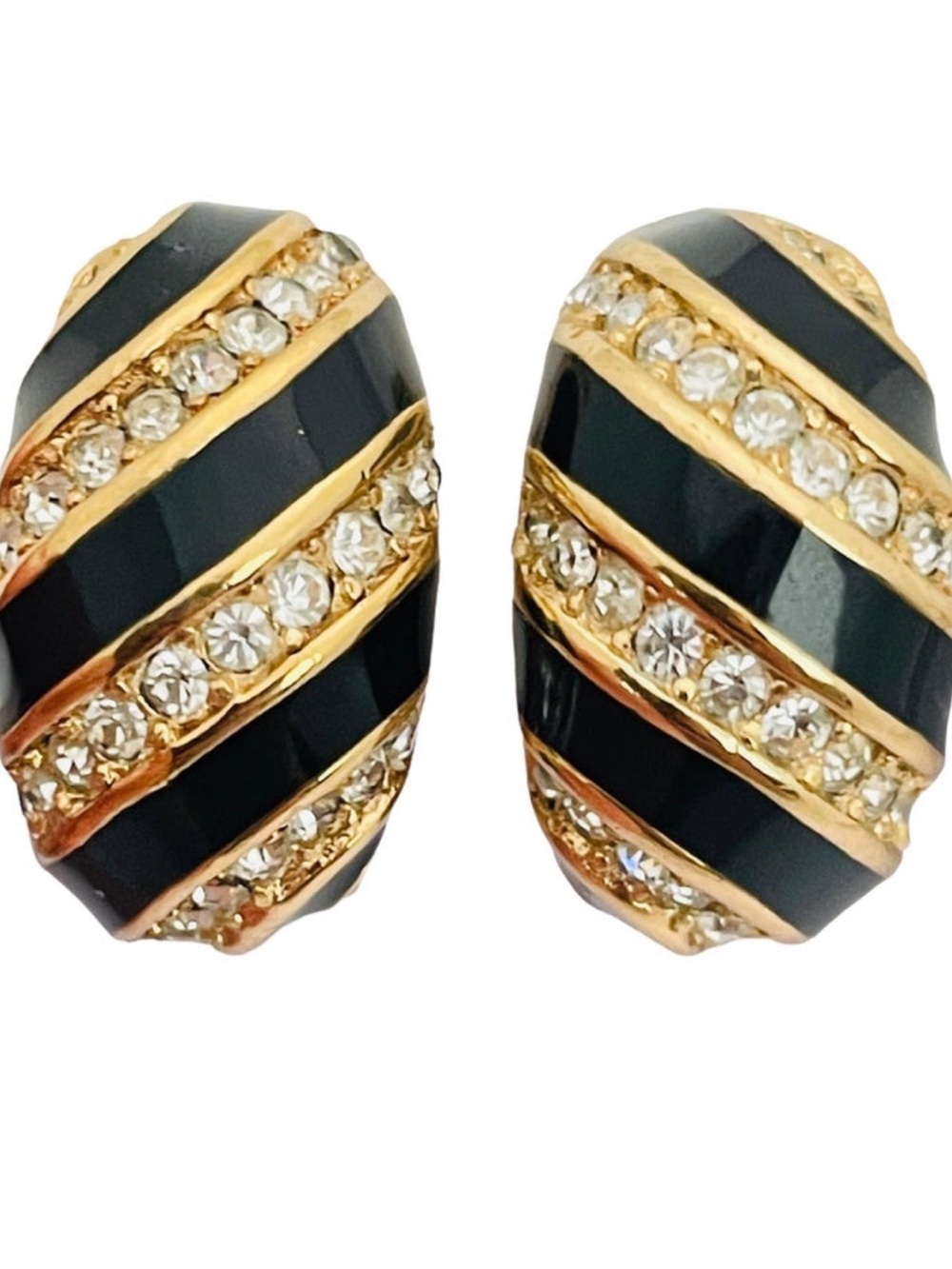 Vintage 80s Dior Black Enamel and Gold Crystal Stripe Clip-On Earrings